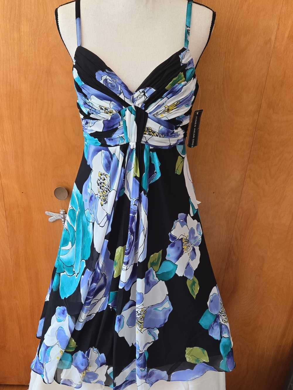 Jones Wear Black Dress with Blue, Teal, and White Floral Print
